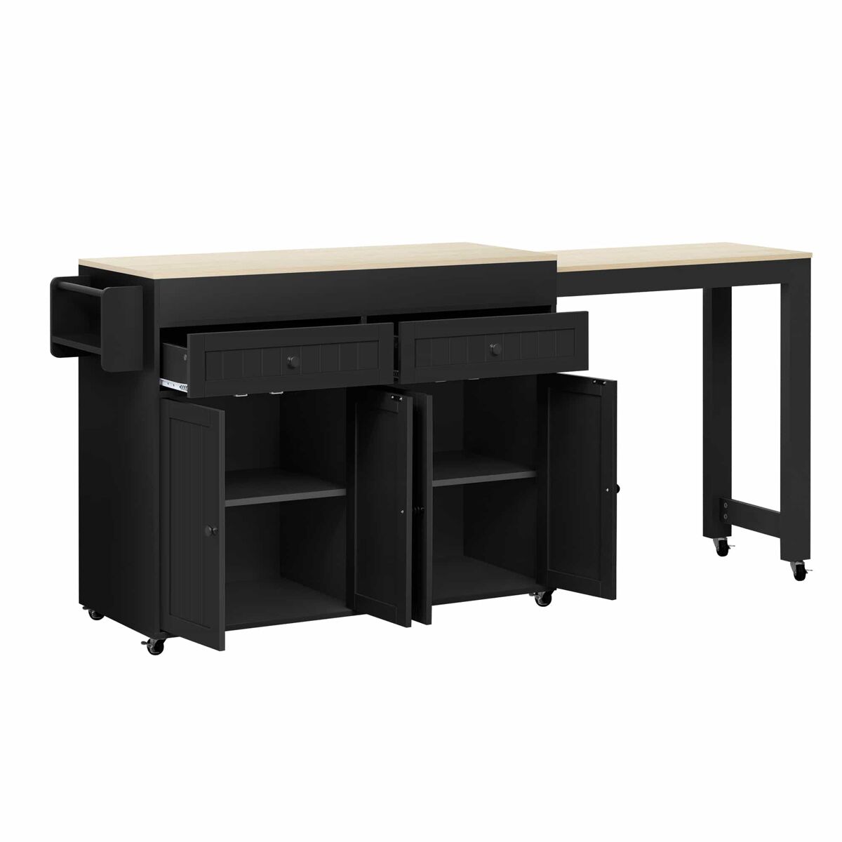 Ilha de cozinha móvel 112-180,5×45×92,2 cm - com superfície de trabalho e gavetas - noir + natural