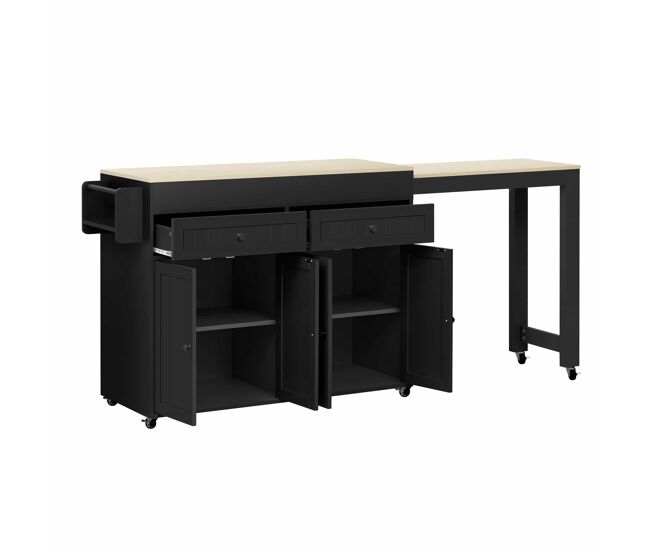 Ilha de cozinha móvel 112-180,5×45×92,2 cm - com superfície de trabalho e gavetas - noir + natural