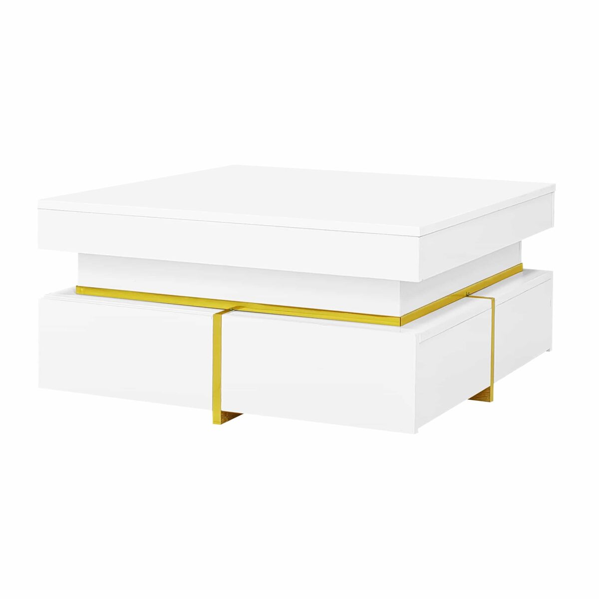 Mesa de centro com 2 gavetas - aspeto brilhante e decorações douradas - branco