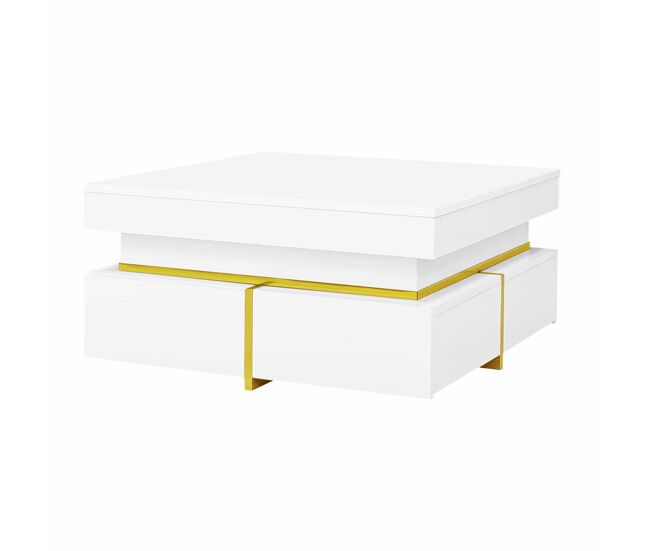 Mesa de centro com 2 gavetas - aspeto brilhante e decorações douradas - branco