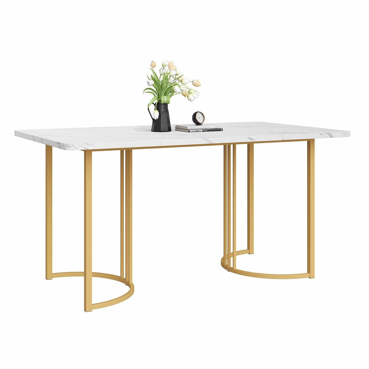 Mesa de jantar 140x80 cm com pés reguláveis - estrutura metálica - folheado de mármore - branco e dourado