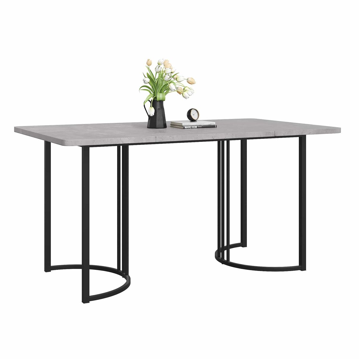 Mesa de jantar 140x80 cm com pés reguláveis - estrutura metálica - folheado de mármore - cinzento e preto
