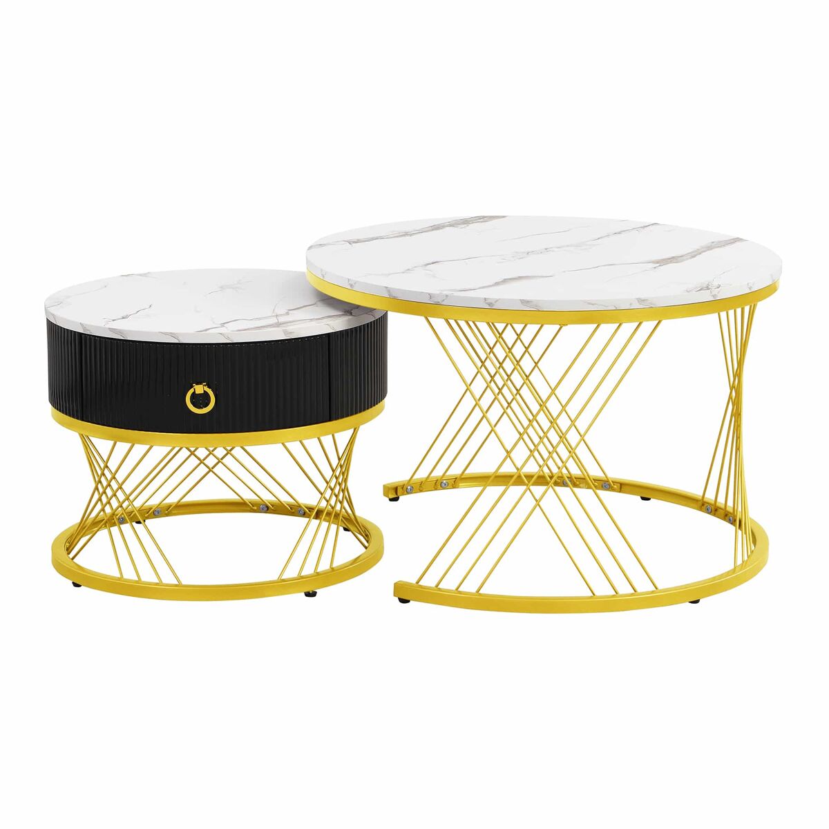 Mesa de centro empilhável 2 peças - marmoroptik, detalhes dourados, com gavetas