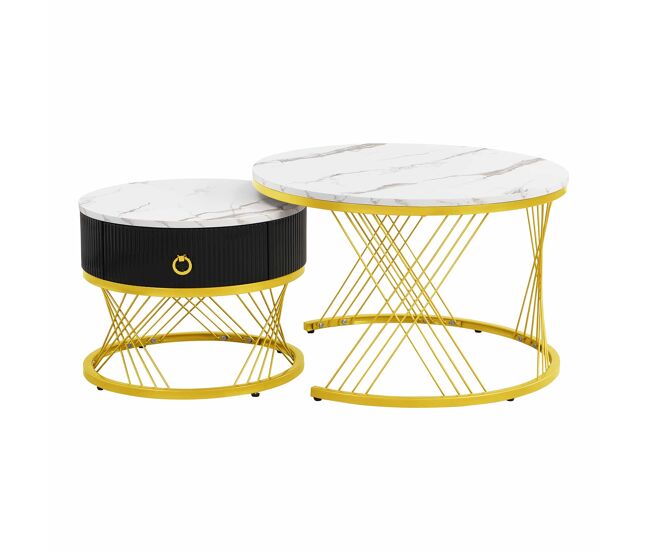 Mesa de centro empilhável 2 peças - marmoroptik, detalhes dourados, com gavetas