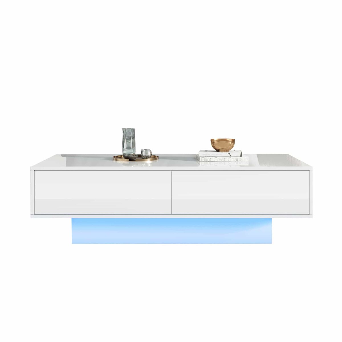 Mesa de centro moderna 115x55x34 cm - 2 gavetas, iluminação led, capacidade para 30 kg - blanc