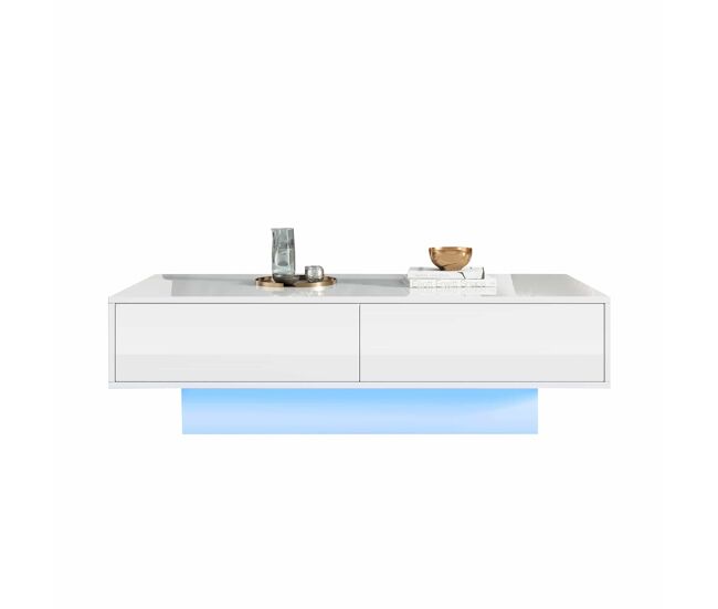 Mesa de centro moderna 115x55x34 cm - 2 gavetas, iluminação led, capacidade para 30 kg - blanc