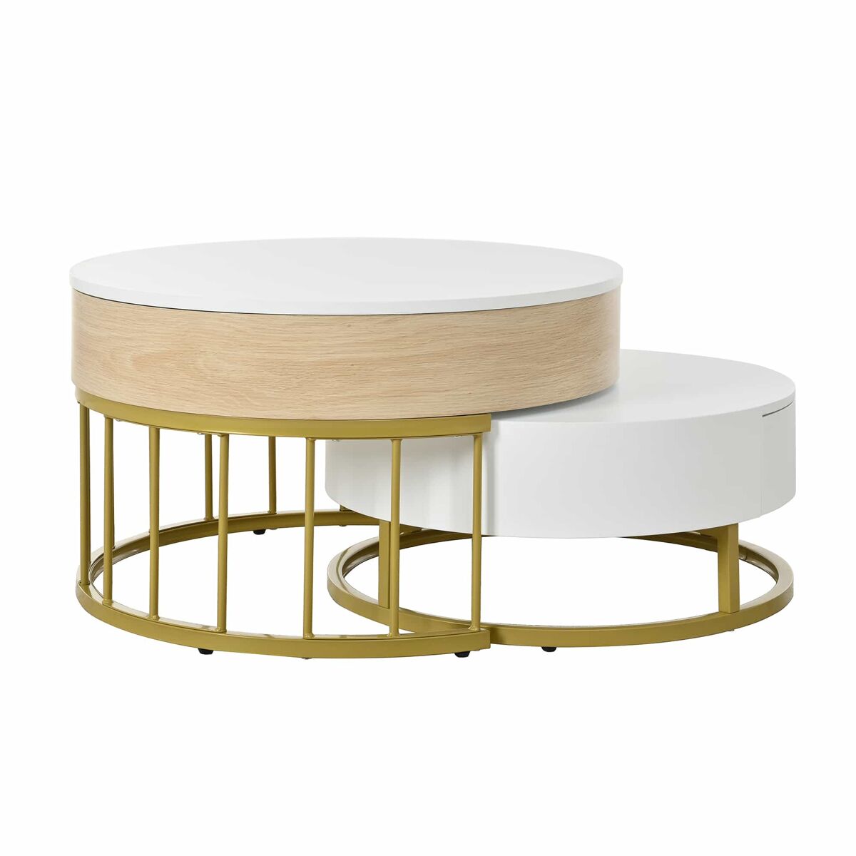 Conjunto de 2 mesas de encaixe - com 2 gavetas - em mdf - natural e blanc - conjunto de 2 mesas de encaixe - com 2 gavetas - em mdf - natural e blanc