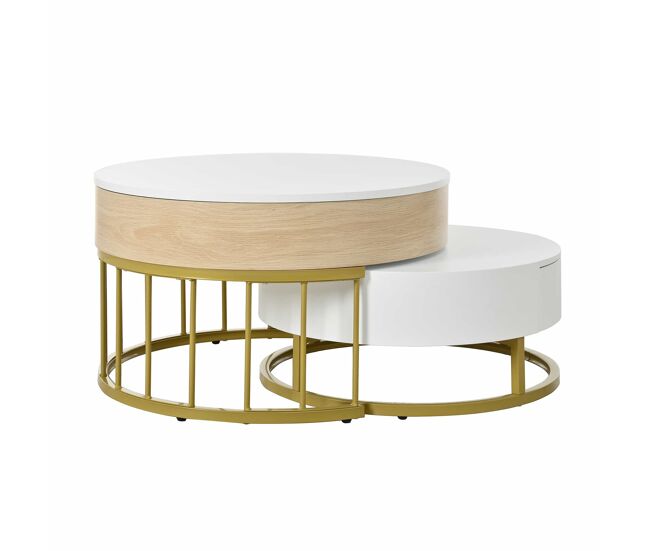Conjunto de 2 mesas de encaixe - com 2 gavetas - em mdf - natural e blanc - conjunto de 2 mesas de encaixe - com 2 gavetas - em mdf - natural e blanc