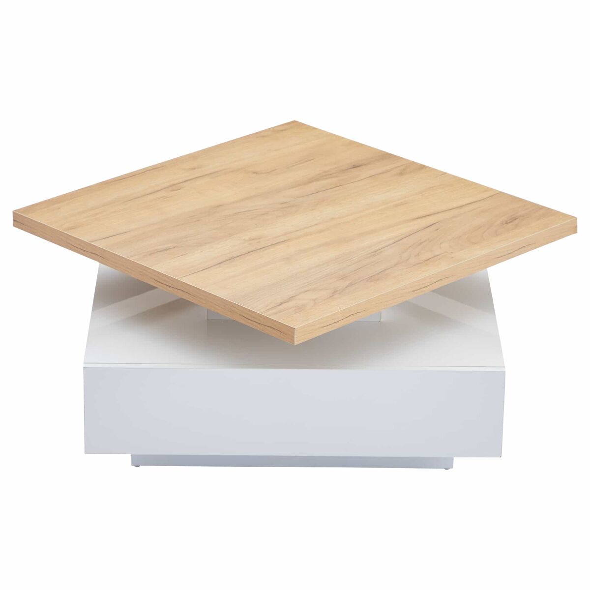 Mesa de centro quadrada com rotação de 360° - 70x70x36 cm - com 1 gaveta - blanc e natural