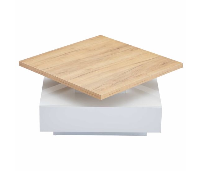 Mesa de centro quadrada com rotação de 360° - 70x70x36 cm - com 1 gaveta - blanc e natural