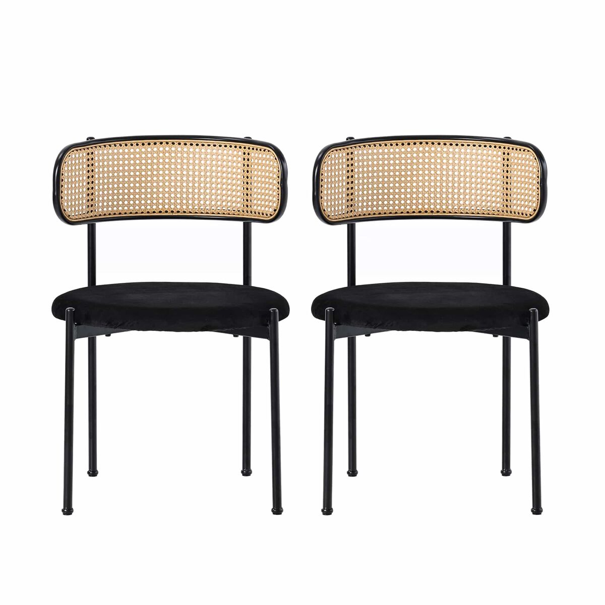 Conjunto de 2 cadeiras de veludo e rotim - pernas de metal - preto