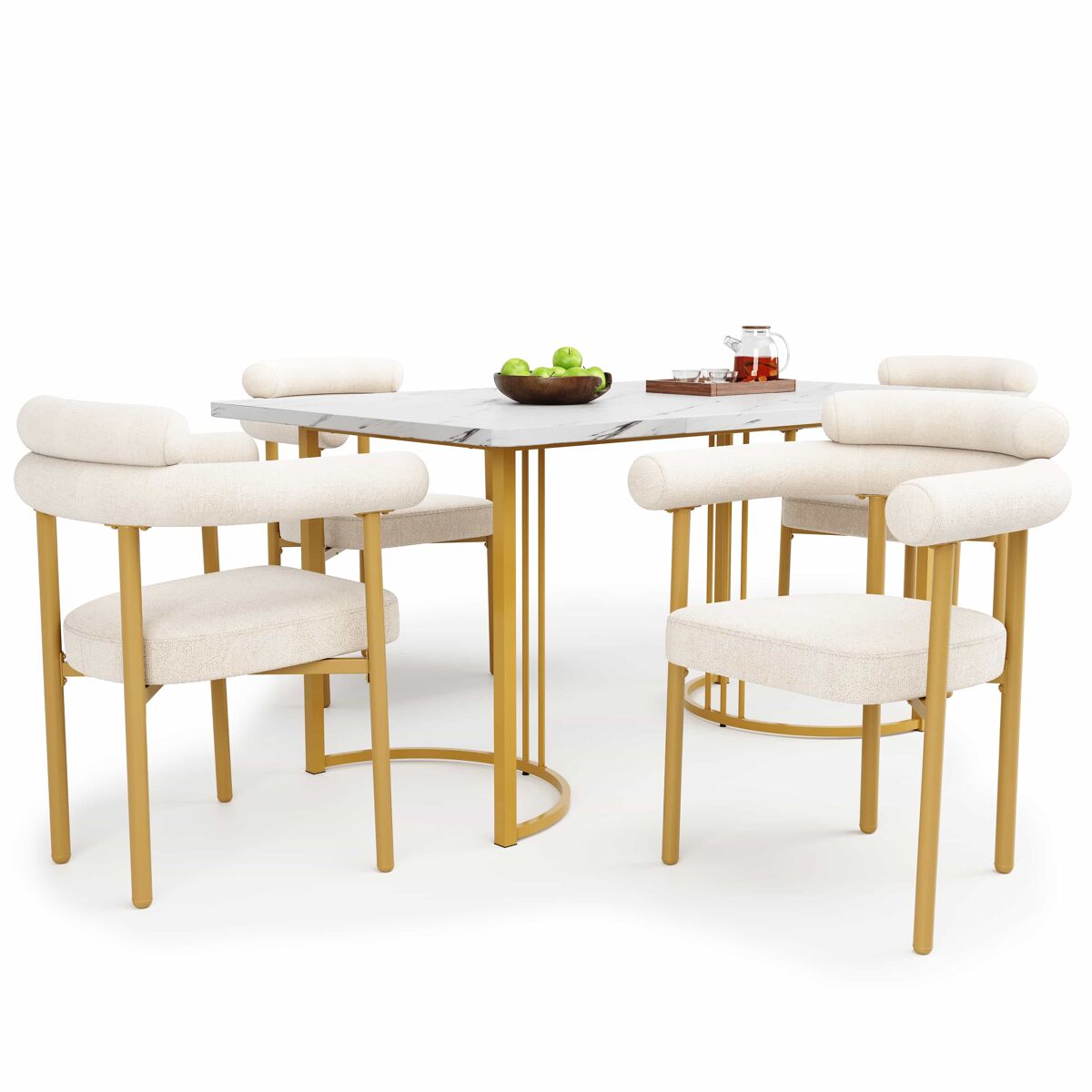 Conjunto de sala de jantar de 5 peças - mesa com pernas metálicas e 4 cadeiras de veludo bege - doré