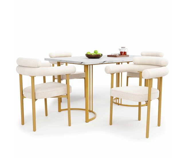Conjunto de sala de jantar de 5 peças - mesa com pernas metálicas e 4 cadeiras de veludo bege - doré