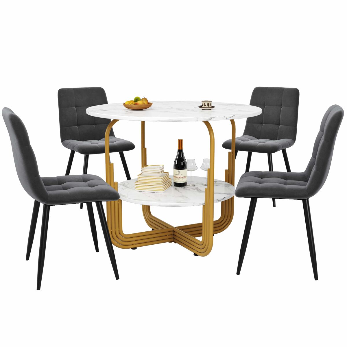 Conjunto de mesa e cadeiras 80 cm - mesa redonda com pernas metálicas douradas - cadeiras cinzentas