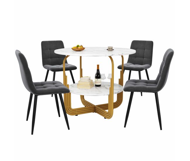 Conjunto de mesa e cadeiras 80 cm - mesa redonda com pernas metálicas douradas - cadeiras cinzentas