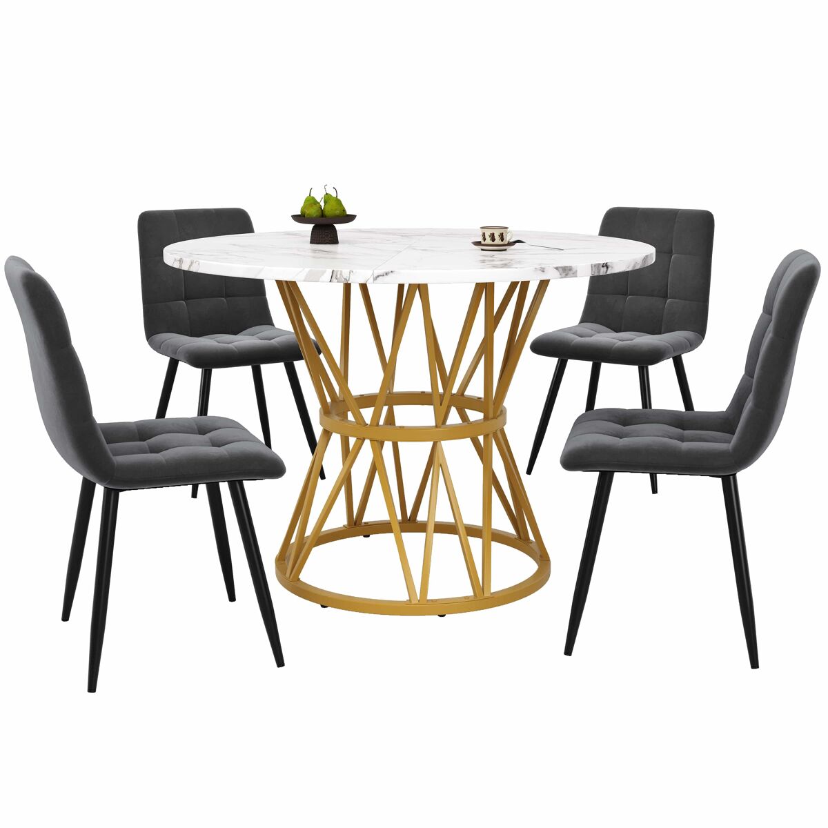 Conjunto de mesa e cadeiras 5 peças 100 cm - mesa redonda mdf mármore, cadeiras de veludo cinza, pernas metálicas - dourado, cinza