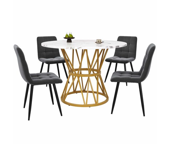 Conjunto de mesa e cadeiras 5 peças 100 cm - mesa redonda mdf mármore, cadeiras de veludo cinza, pernas metálicas - dourado, cinza