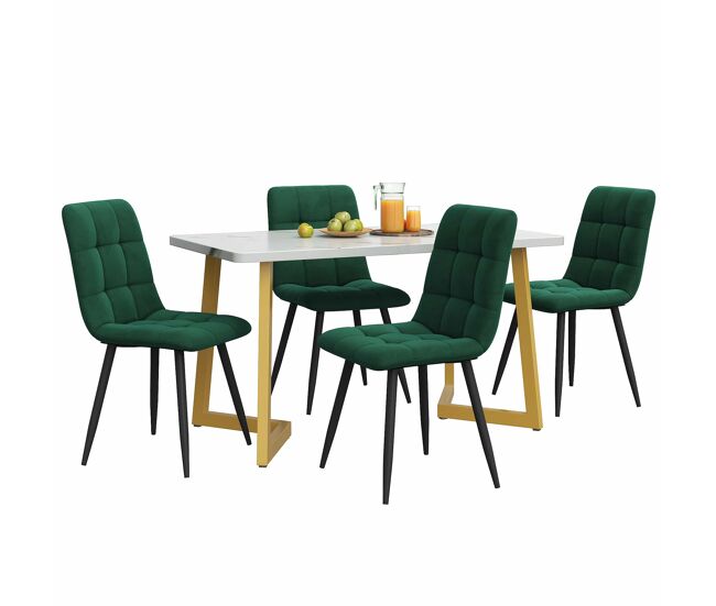 Conjunto de sala de jantar 117 cm - mesa retangular moderna com 4 cadeiras, veludo verde, pernas douradas