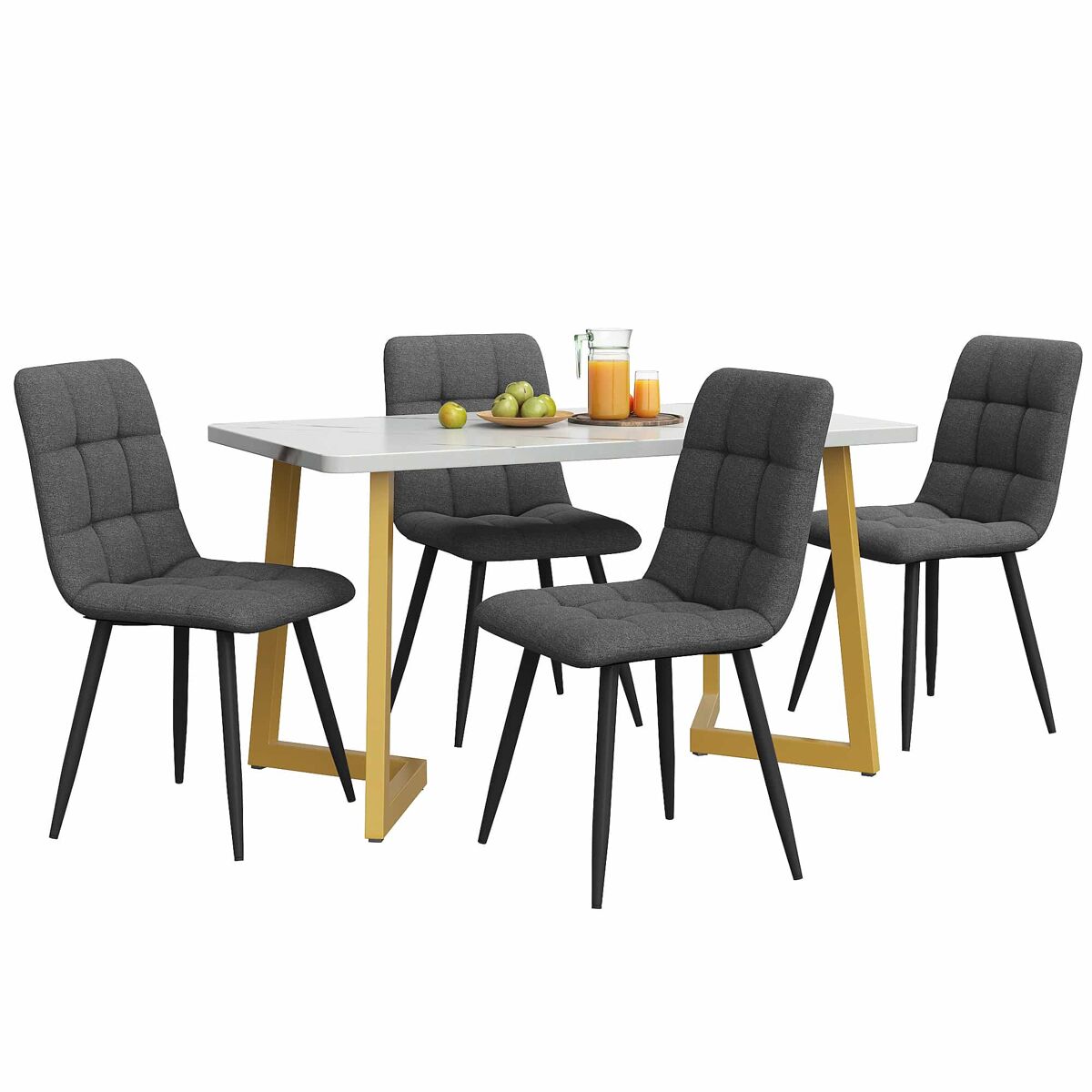 Conjunto de sala de jantar 117 cm - mesa retangular moderna com 4 cadeiras de linho gris - pernas douradas