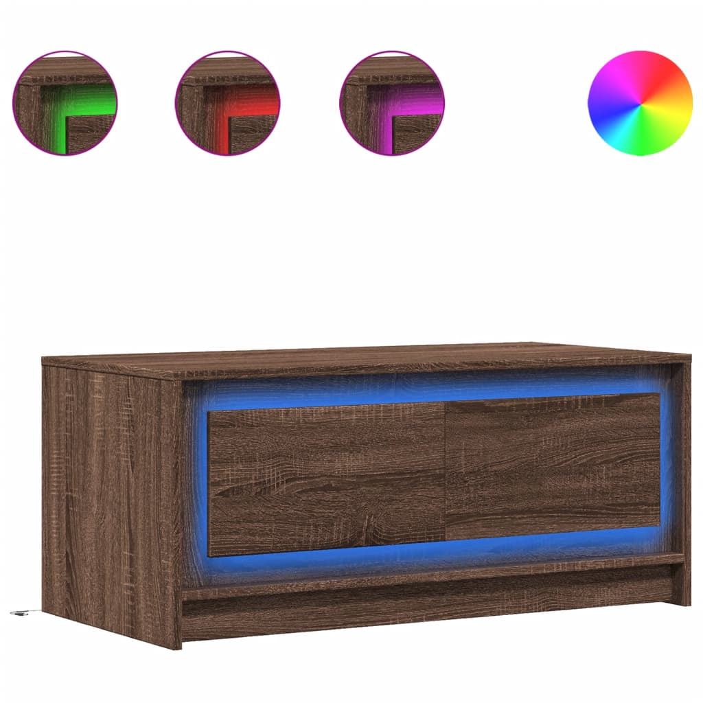 Mesa de centro, mesa baixa, c/ luzes led derivados madeira carvalho castanho