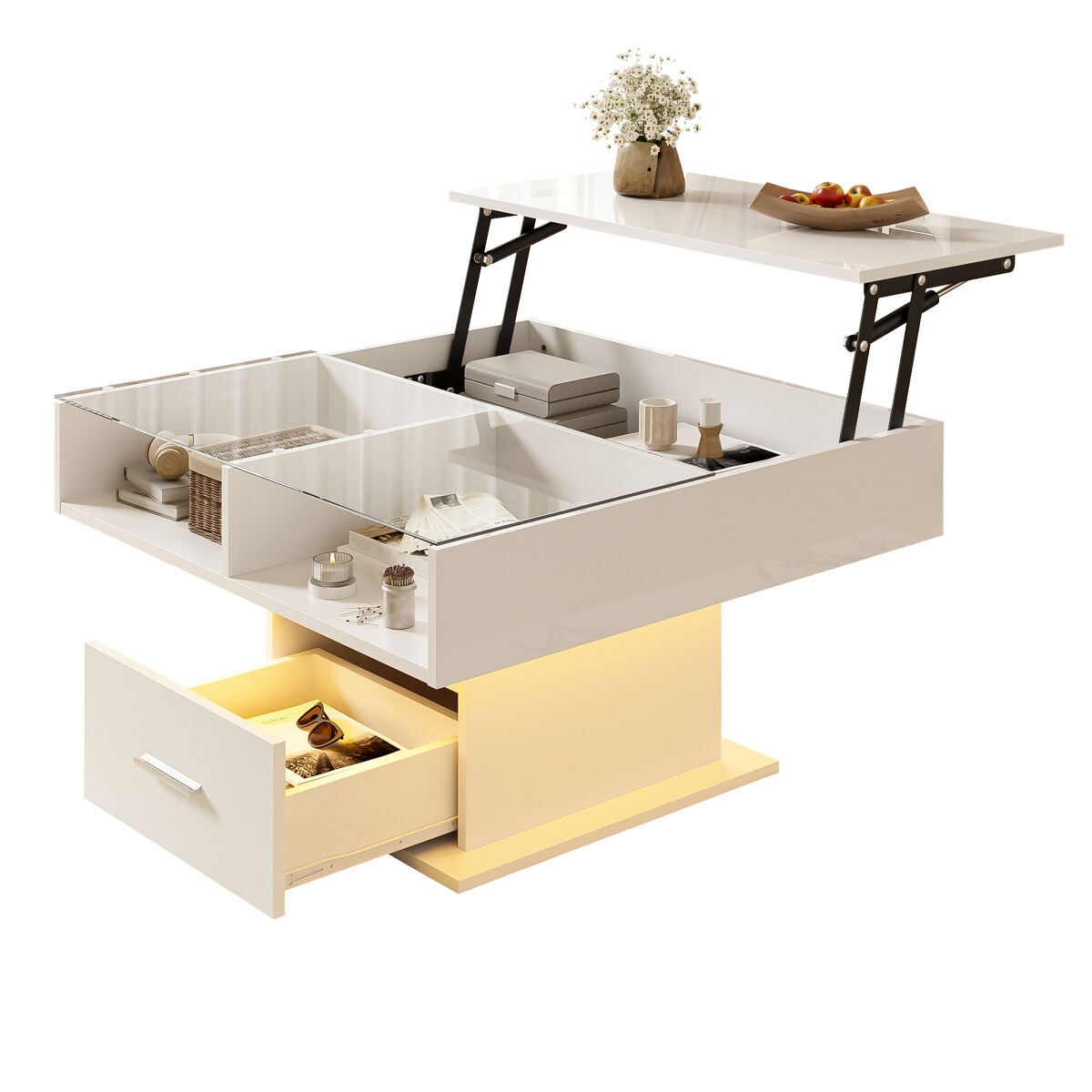 Mesa de centro elevável – com iluminação led, altura ajustável, design moderno – blanc