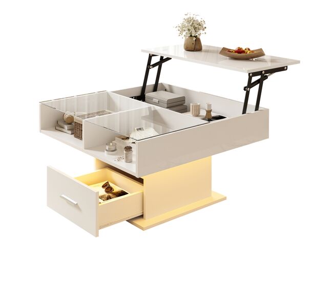 Mesa de centro elevável – com iluminação led, altura ajustável, design moderno – blanc