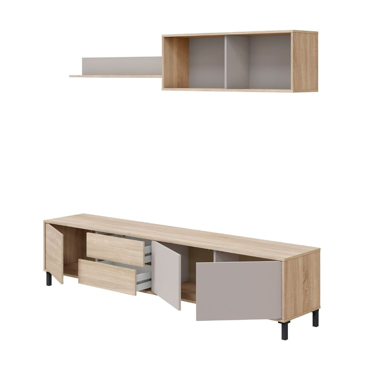 Conjunto de móveis modernos para sala de estar bari, módulos para sala de jantar, rack para tv em carvalho canadense e cashmere, 200 cm