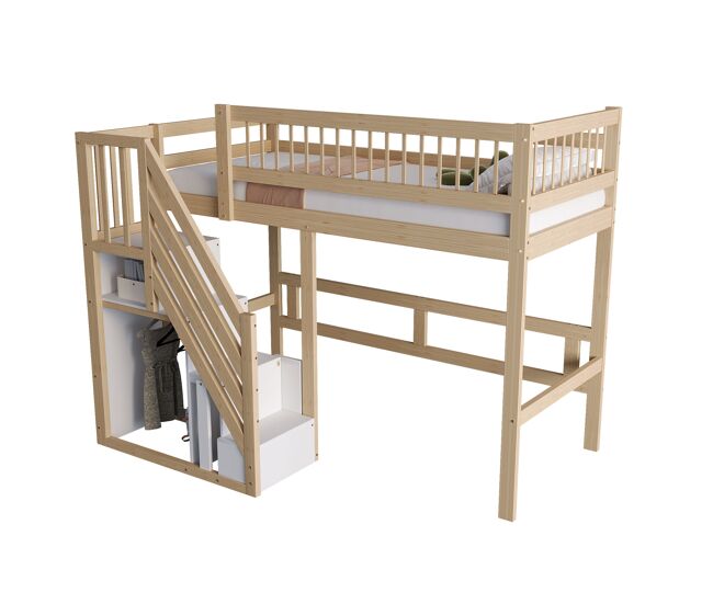 Cama de criança,cama alta de madeira maciça 90x200 cm,natural+branco