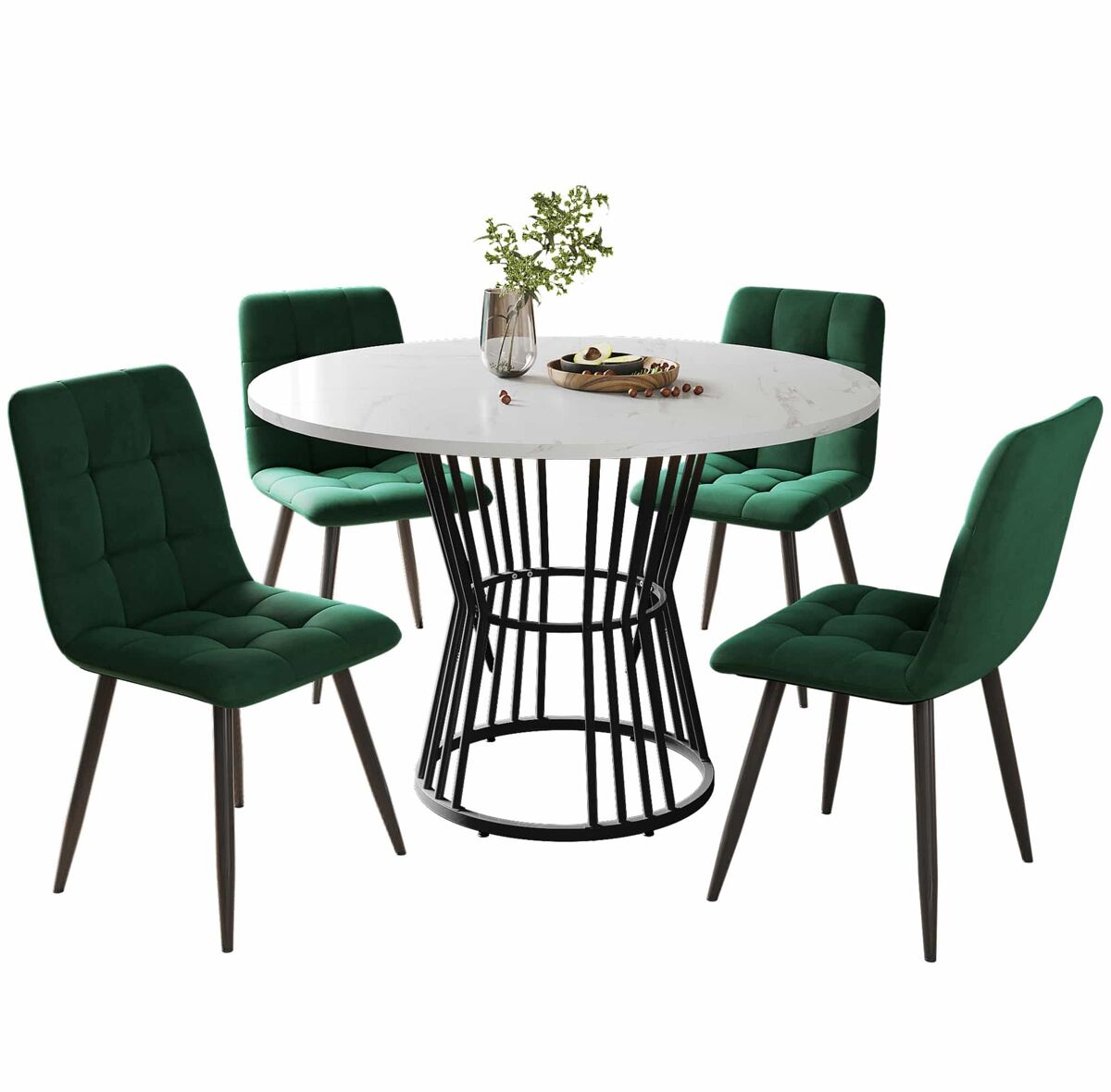 Conjunto de sala de jantar de 5 peças - mesa redonda de 100 cm - 4 cadeiras de veludo verde