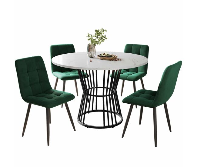 Conjunto de sala de jantar de 5 peças - mesa redonda de 100 cm - 4 cadeiras de veludo verde