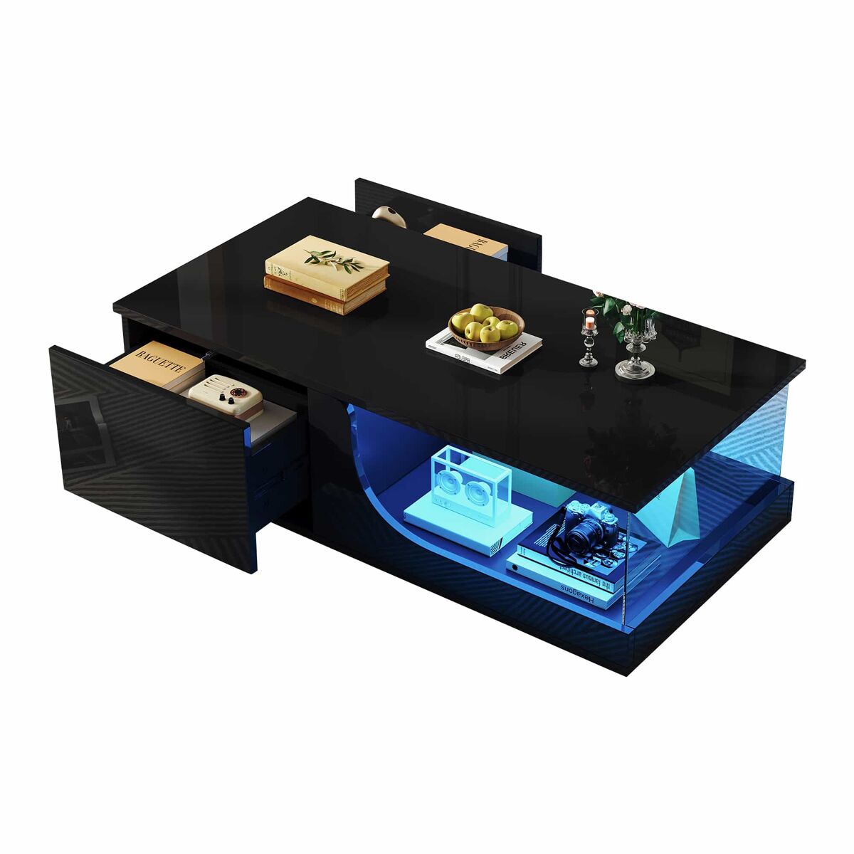 Mesa de centro 100 x 50 x 30 cm - sofá com 2 gavetas, mesa de sala com led e vidro temperado - preto