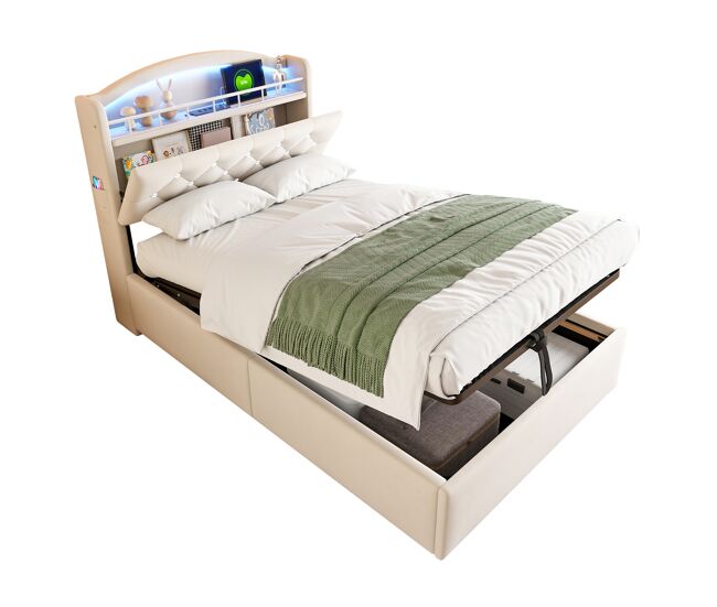 Cama de criança,cama de solteiro de veludo 90x200 cm com armazenamento e luz led,bege