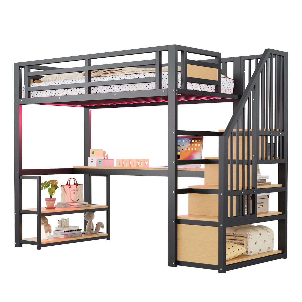 Cama de criança,cama alta de metal 90x200 cm com luz led,preto