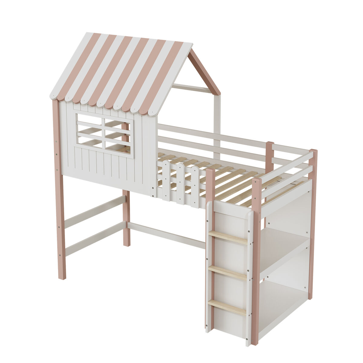 Cama de criança,cama alta de madeira maciça 90x200 cm,rosa+branco