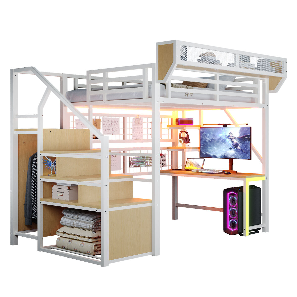 Cama de criança,cama alta de metal 140x200 cm com luz led,branco