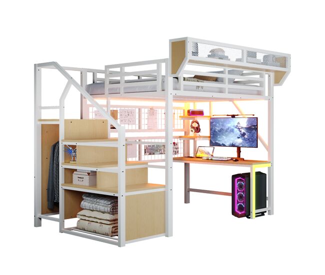 Cama de criança,cama alta de metal 140x200 cm com luz led,branco