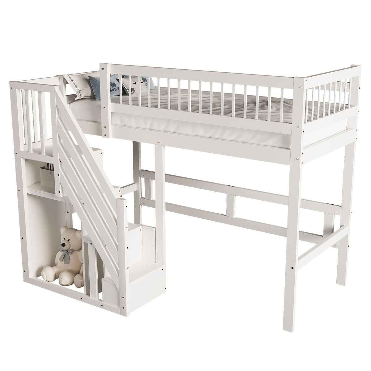 Cama de criança,cama alta de madeira maciça 90x200 cm,branco