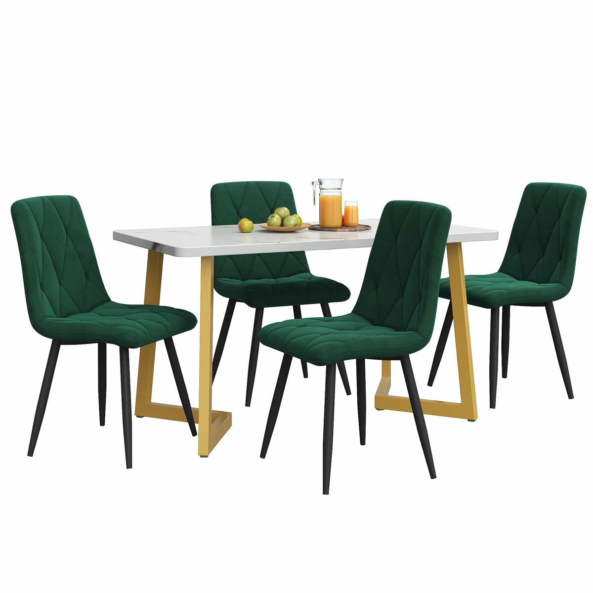 Conjunto de sala de jantar 117x68cm - mesa retangular com 4 cadeiras - tecido twill verde escuro - pernas douradas
