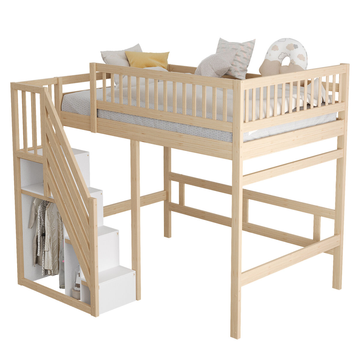 Cama de criança,cama alta de madeira maciça 140x200 cm,natural+branco