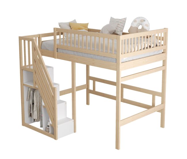 Cama de criança,cama alta de madeira maciça 140x200 cm,natural+branco