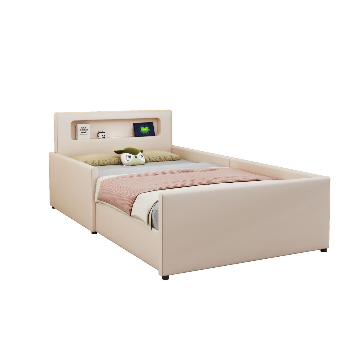 Cama de criança,cama de solteiro de couro sintético 90x200 cm,bege