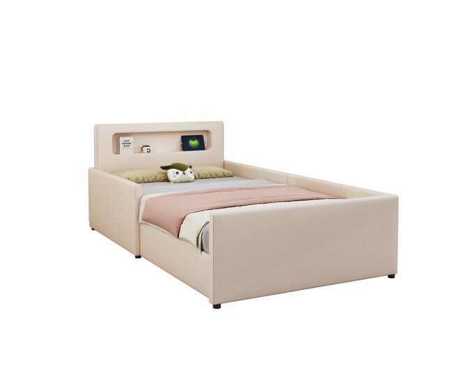 Cama de criança,cama de solteiro de couro sintético 90x200 cm,bege