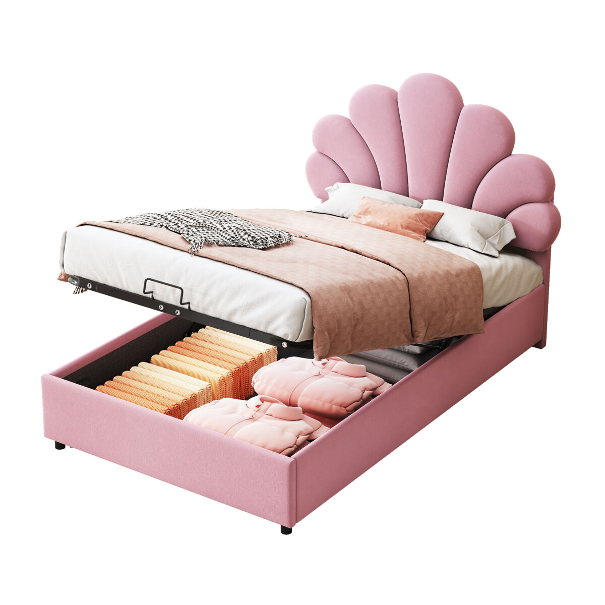 Cama de criança,cama de solteiro de veludo 90x200 cm com armazenamento,rosa