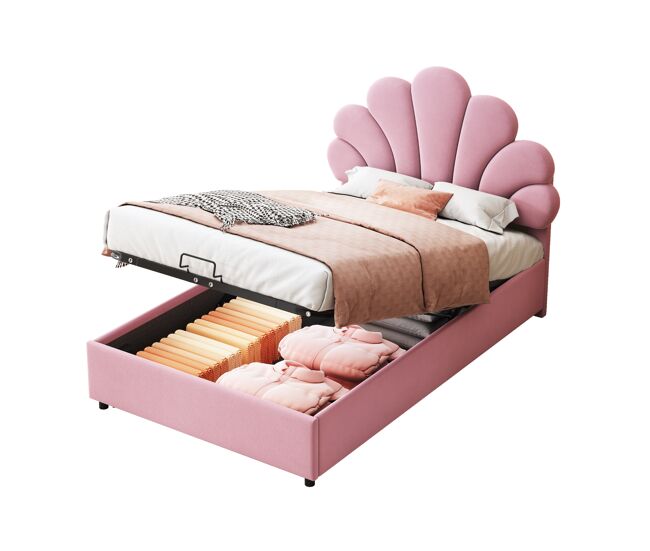 Cama de criança,cama de solteiro de veludo 90x200 cm com armazenamento,rosa