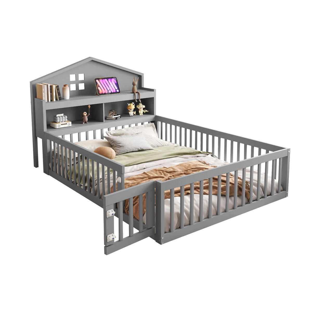 Cama de criança,cama de casal de madeira maciça 140x200 cm,cinza