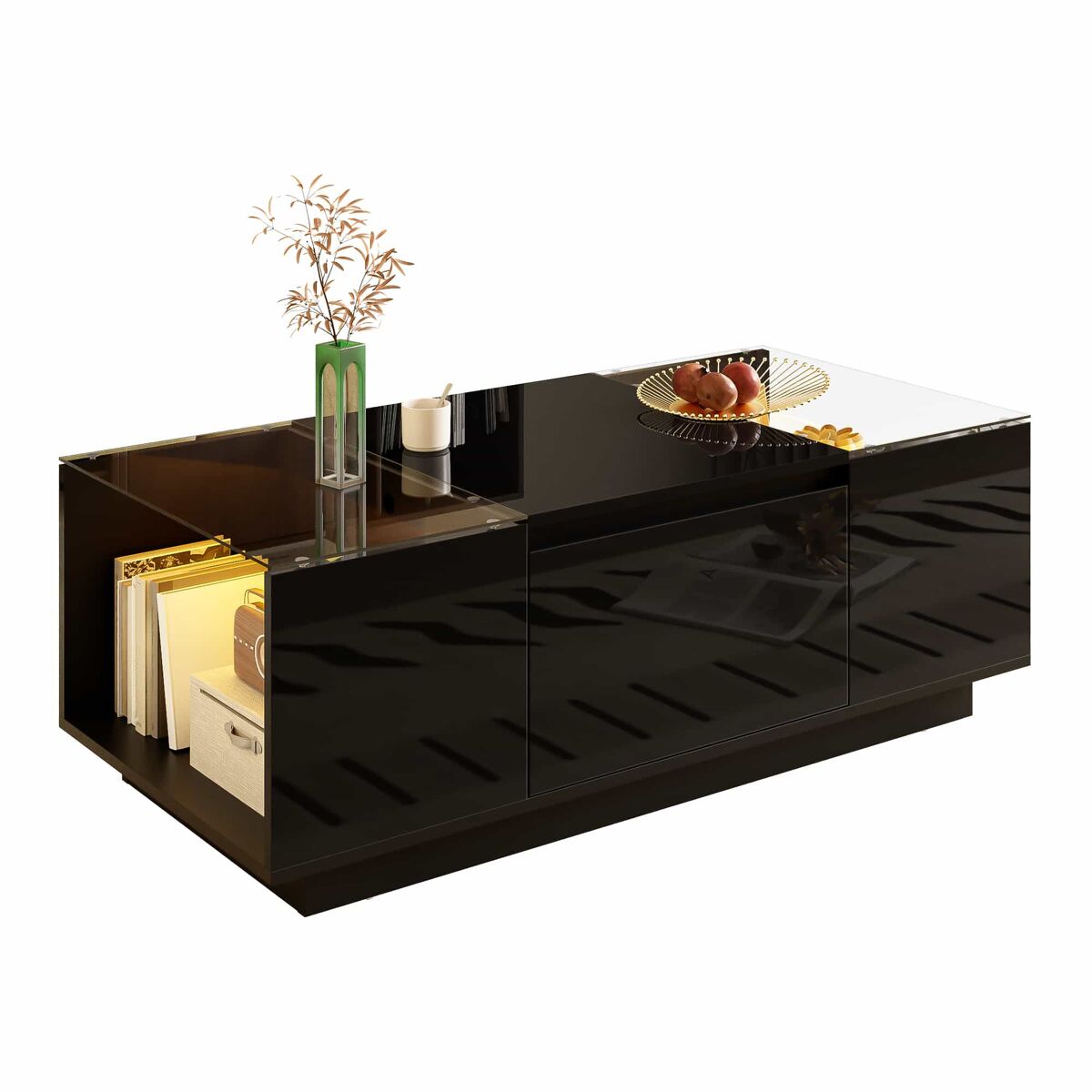 Mesa de centro 105 cm - minimalista, com arrumação, iluminação led, vidro, 2 gavetas - preta