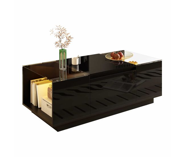 Mesa de centro 105 cm - minimalista, com arrumação, iluminação led, vidro, 2 gavetas - noire