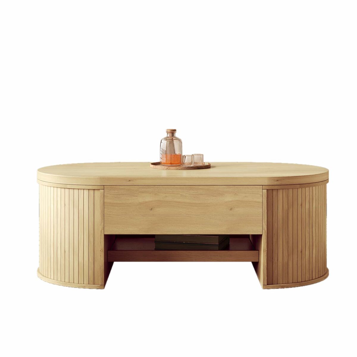 Mesa de centro elevável - com laterais de madeira curvadas, étagère extensível, design multifuncional - cor madeira