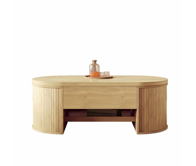 Mesa de centro elevável - com laterais de madeira curvadas, étagère extensível, design multifuncional - cor madeira