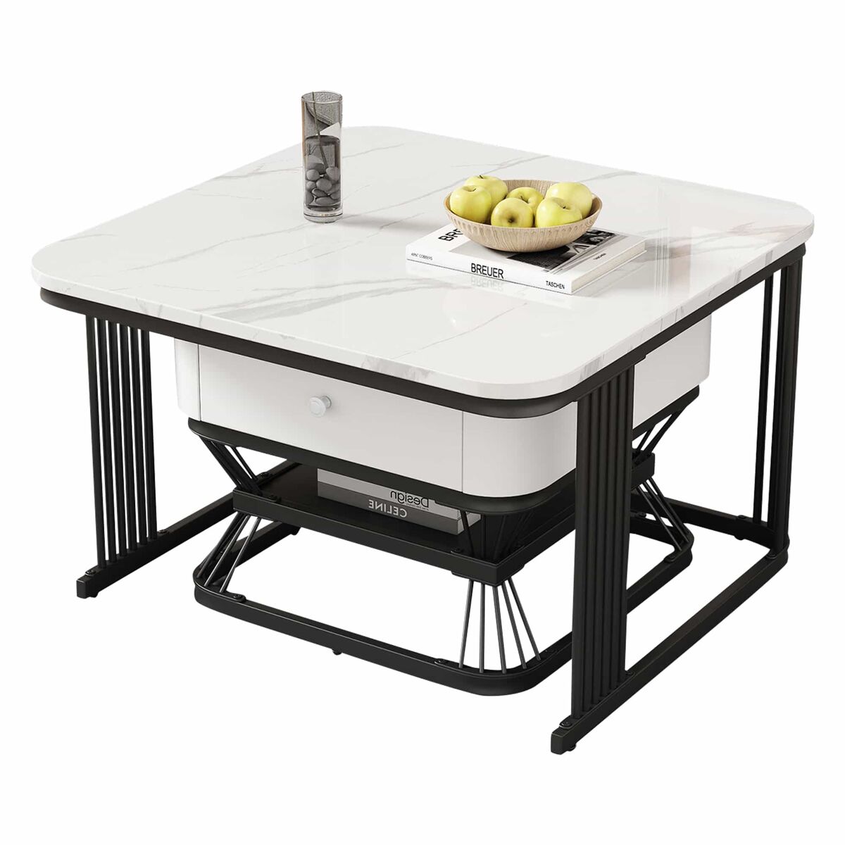 Conjunto de mesa de centro 2 peças - 70x70x45cm + 50x50x40cm - mesa geométrica, brilhante, com 1 gaveta - branco+preto